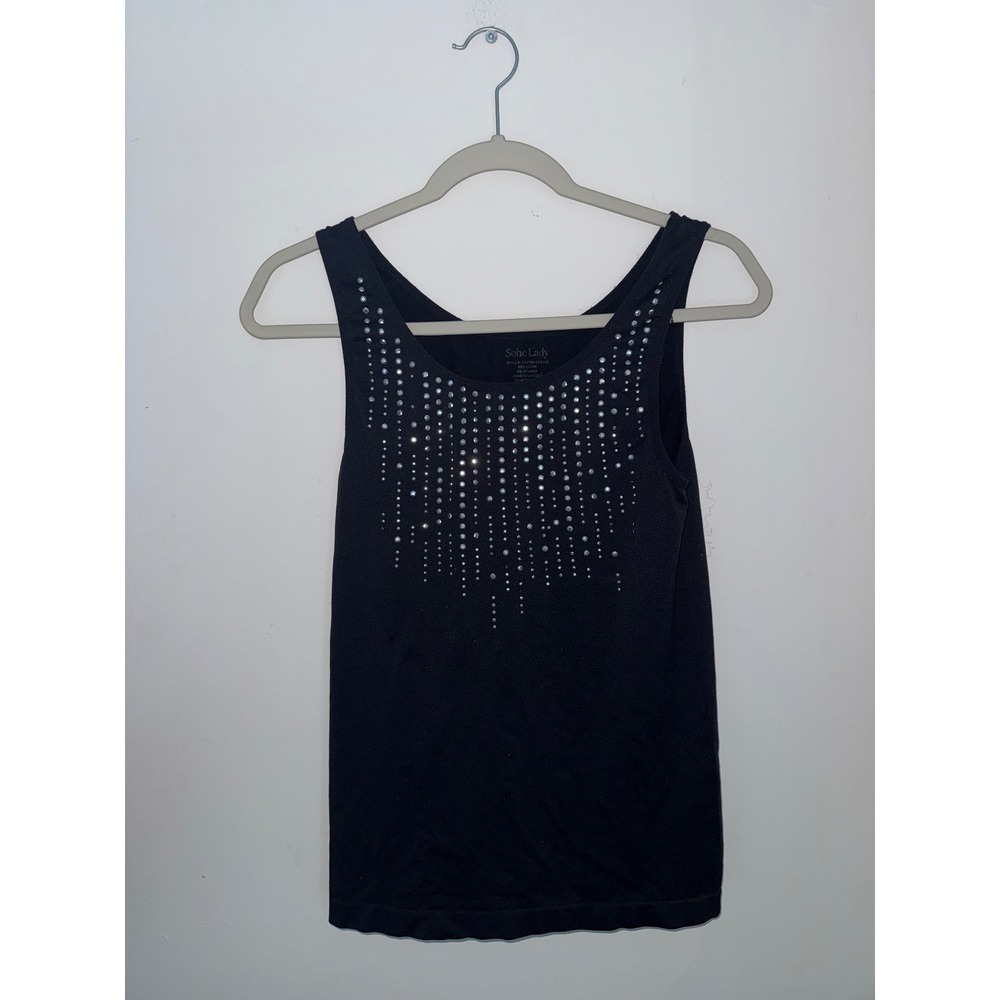 Soho Lady Black Rhinestone Embellished Tank Top Sleeveless Scoop Neck L/XL